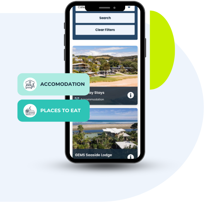 Mobile app showing accommodation and places to eat search results. Two teal buttons flank the phone.