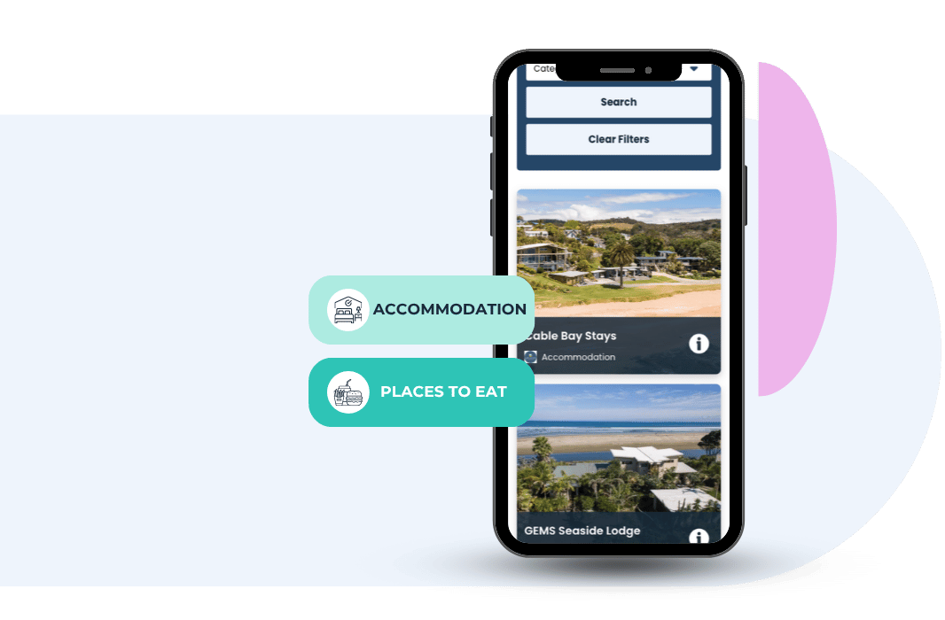Mobile app interface with options: Parking/Map, Places to Eat, and other menu items.