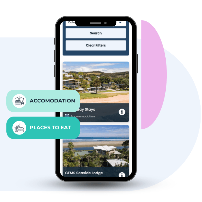 Smartphone app for accommodation and dining options. Offers search, filtering, and location-based suggestions.