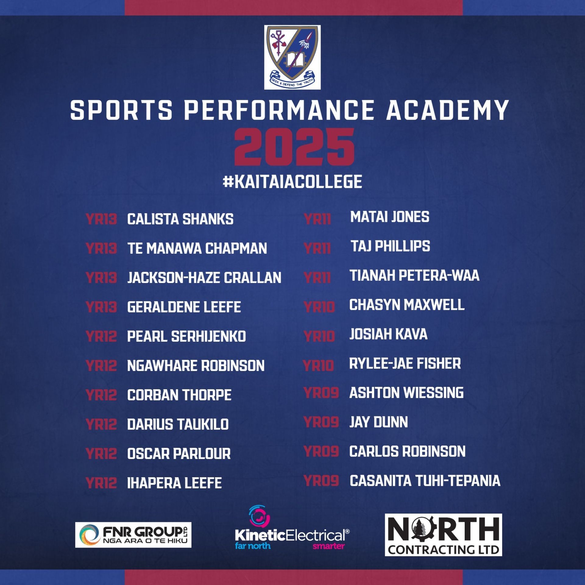 List of names for Sports Performance Academy 2025 at Kaitaia College, with sponsor logos at the bottom.
