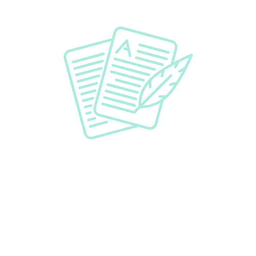 Two sheets of paper and a quill pen, outlined in teal.