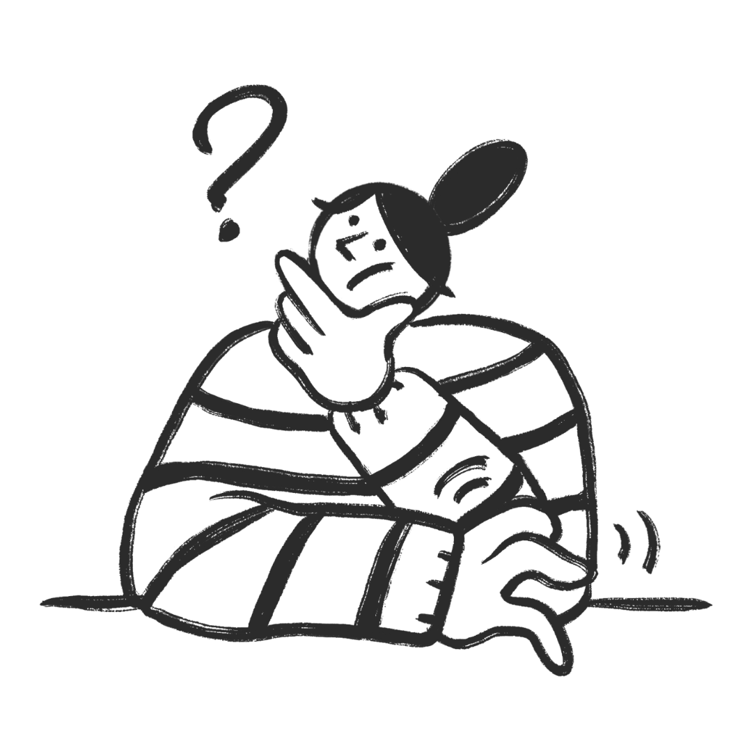 Person with a question mark over head, touching chin and pointing downward, looking thoughtful.