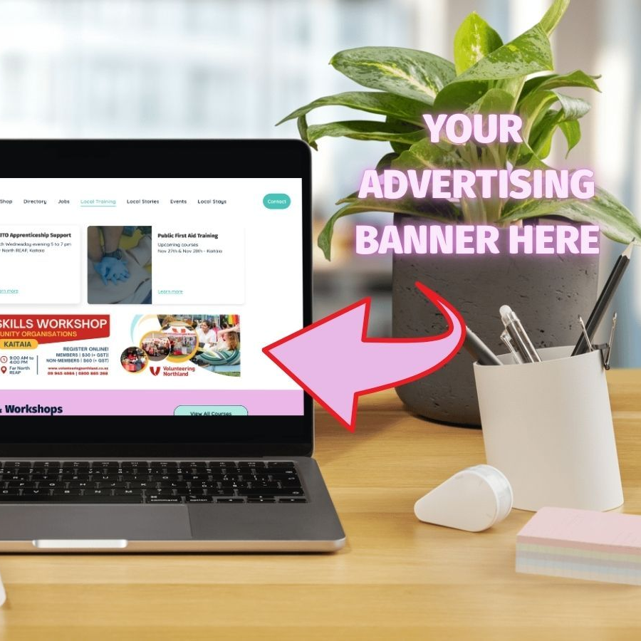 Laptop displaying a website, with arrow pointing to text "Your Advertising Banner Here" next to a potted plant and pen holder.