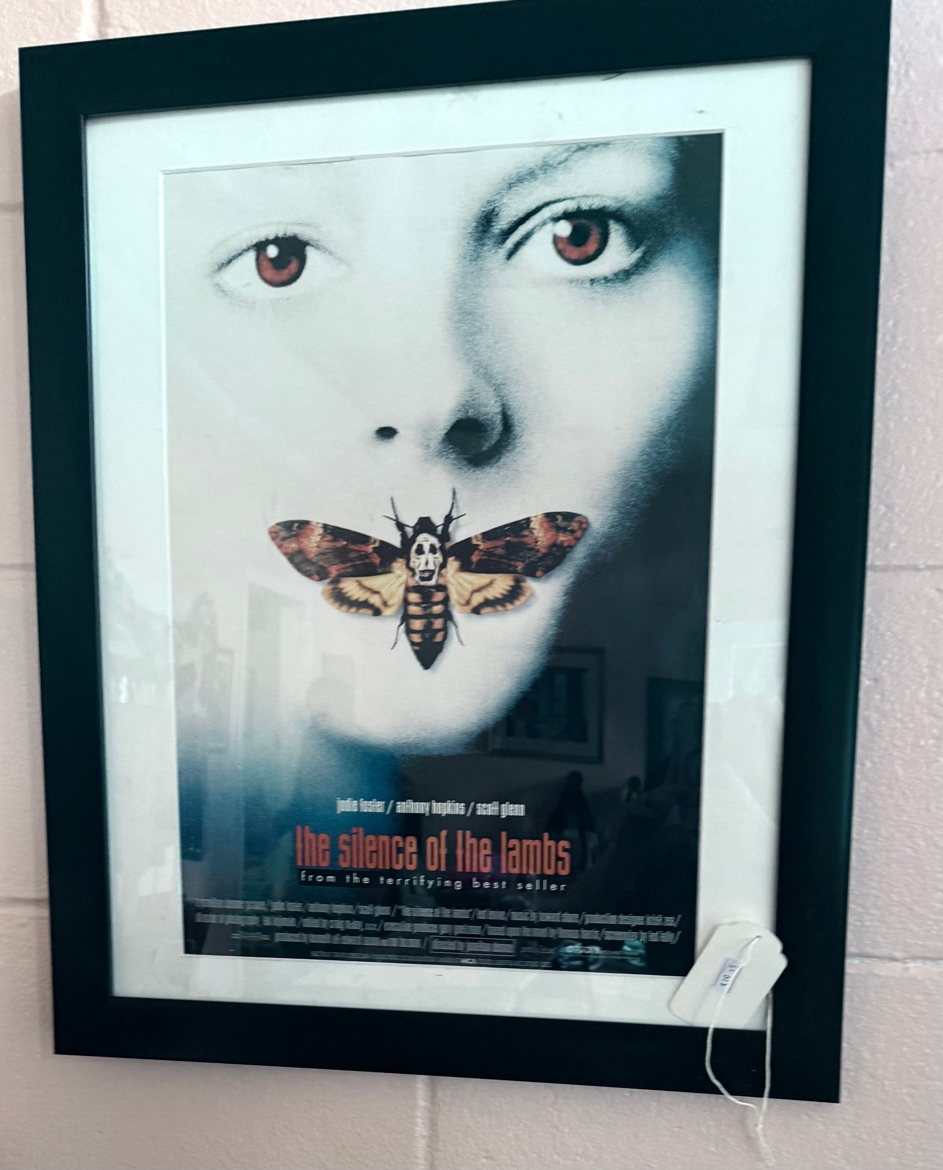 Framed “The Silence of the Lambs” poster with a moth over a woman’s face, hanging on a wall.