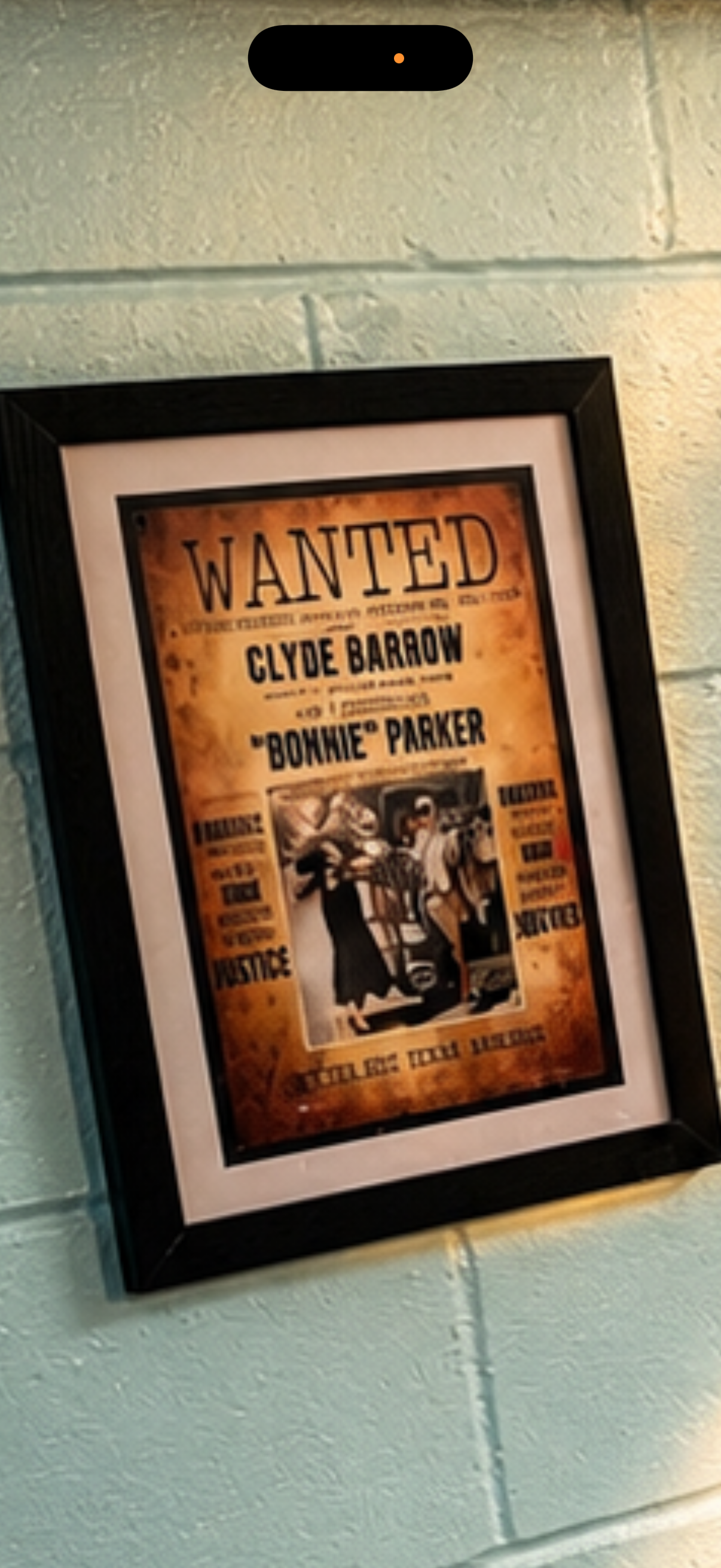 Framed vintage-style wanted poster on a pale green wall