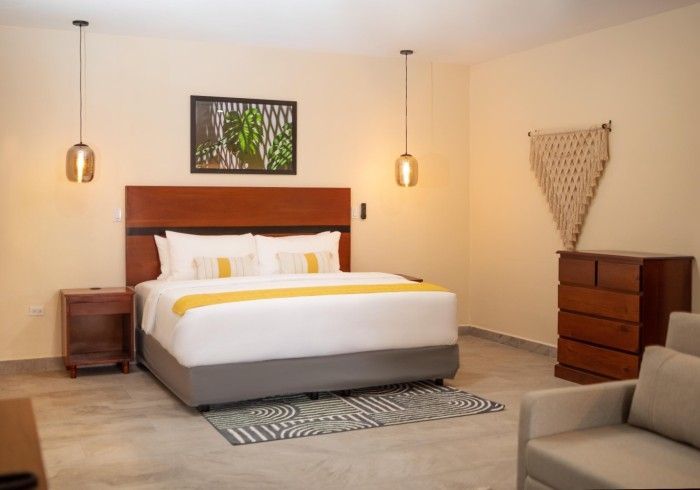 A hotel room with a king size bed and a couch.