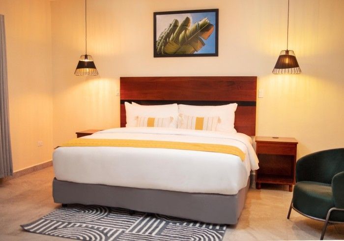A hotel room with a king size bed and a chair