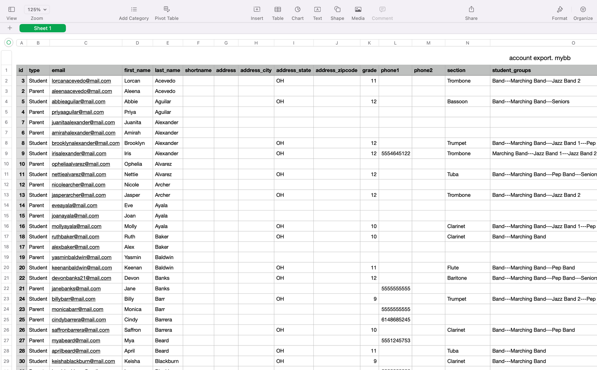 account export csv example