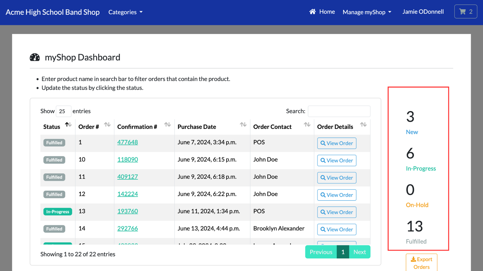myShop dashboard