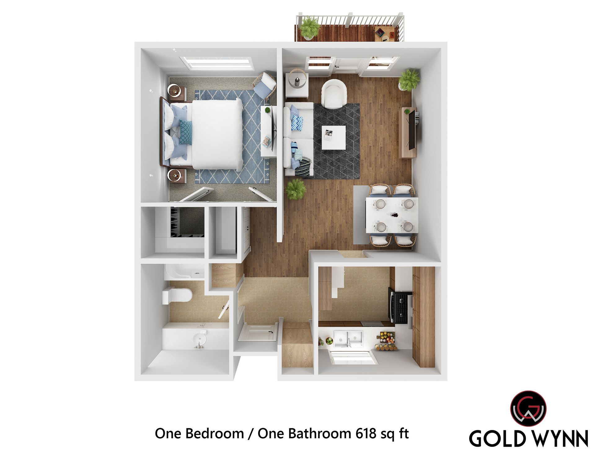 One-bedroom, one-bath apartment floor plan with living, kitchen, bath, and bedroom spaces