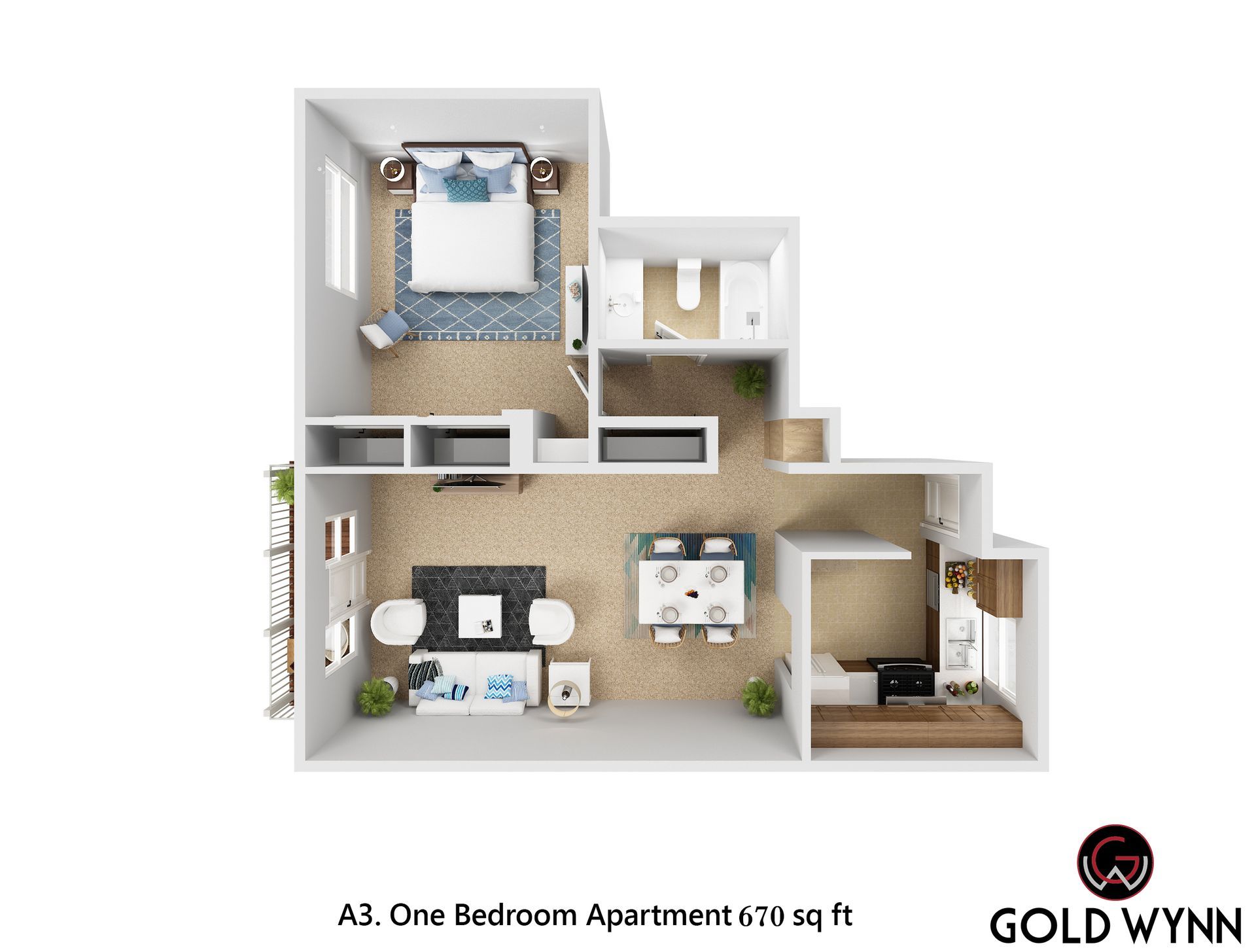 One-bedroom apartment floor plan with living room, bedroom, bath, and kitchen.