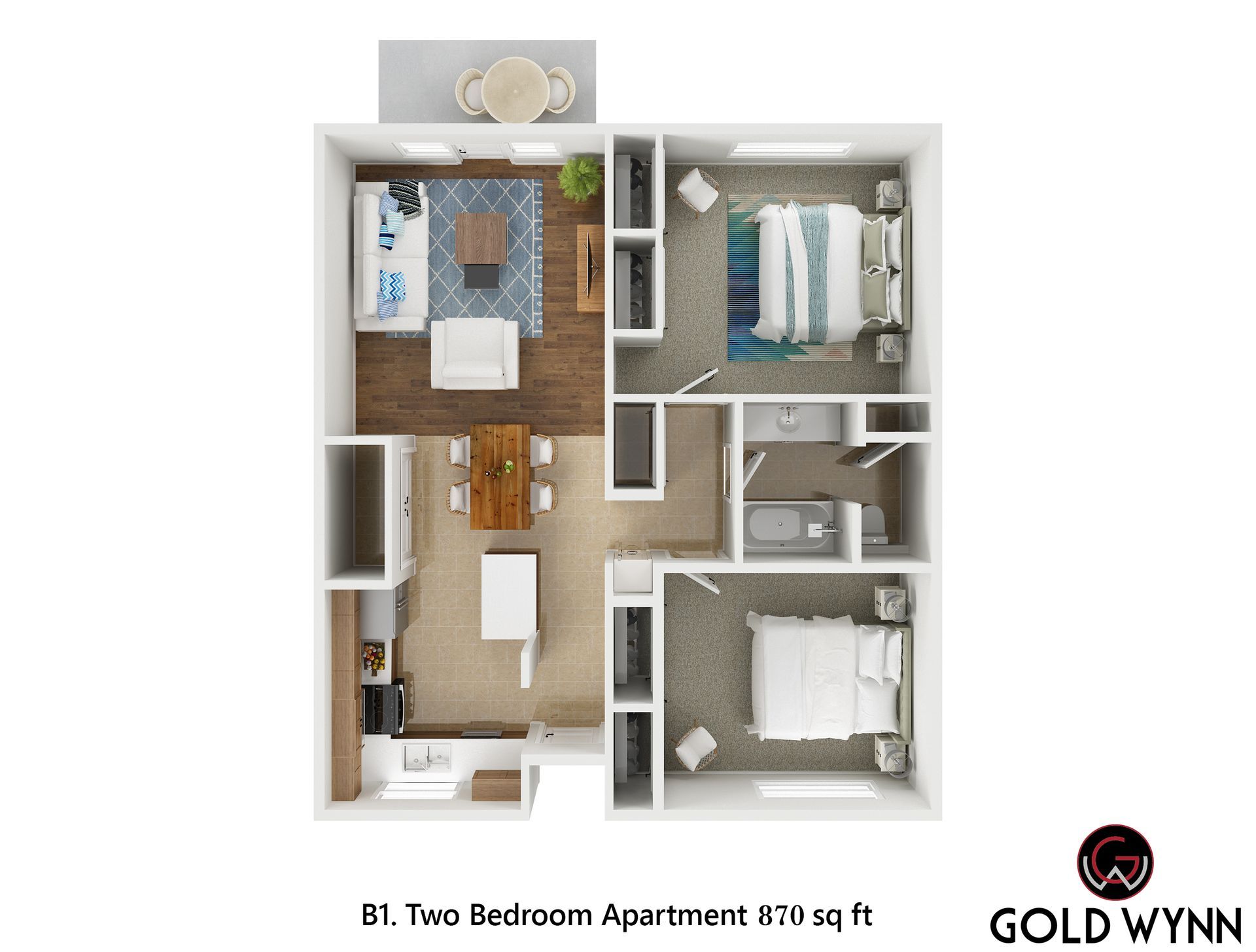 Floor plan of a two-bedroom apartment with living area, kitchen, bath, and logo.
