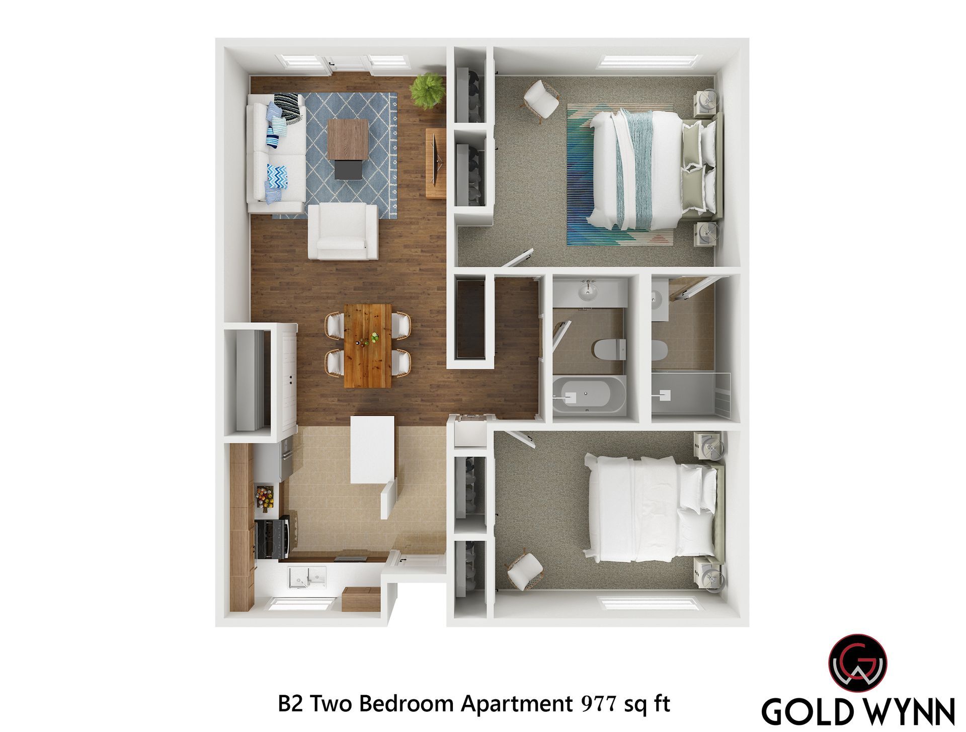 Two-bedroom apartment floor plan with furnished rooms and a bathroom, labeled Gold Wynn.