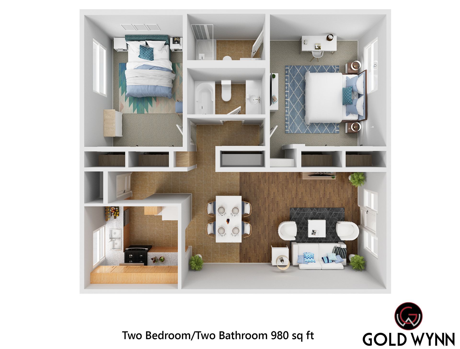 Top-down floor plan of a two-bedroom, two-bath apartment with living room, kitchen, and balconies.