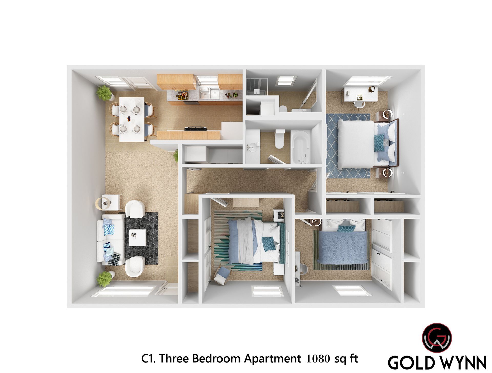 Three-bedroom apartment floor plan with living, kitchen, bath, and three bedrooms, labeled Gold Wynn.
