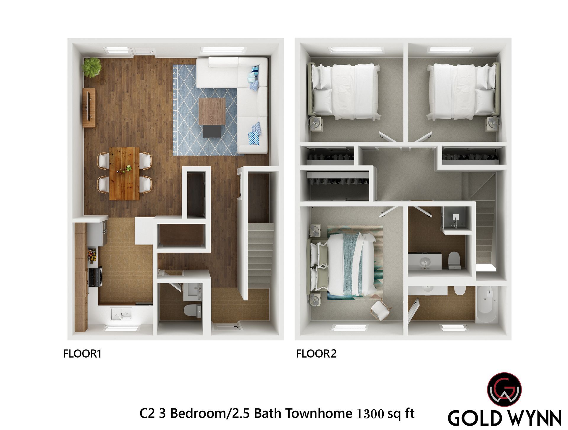 2-bedroom, 2.5-bath townhouse floor plan with living room, kitchen, and two upstairs bedrooms.