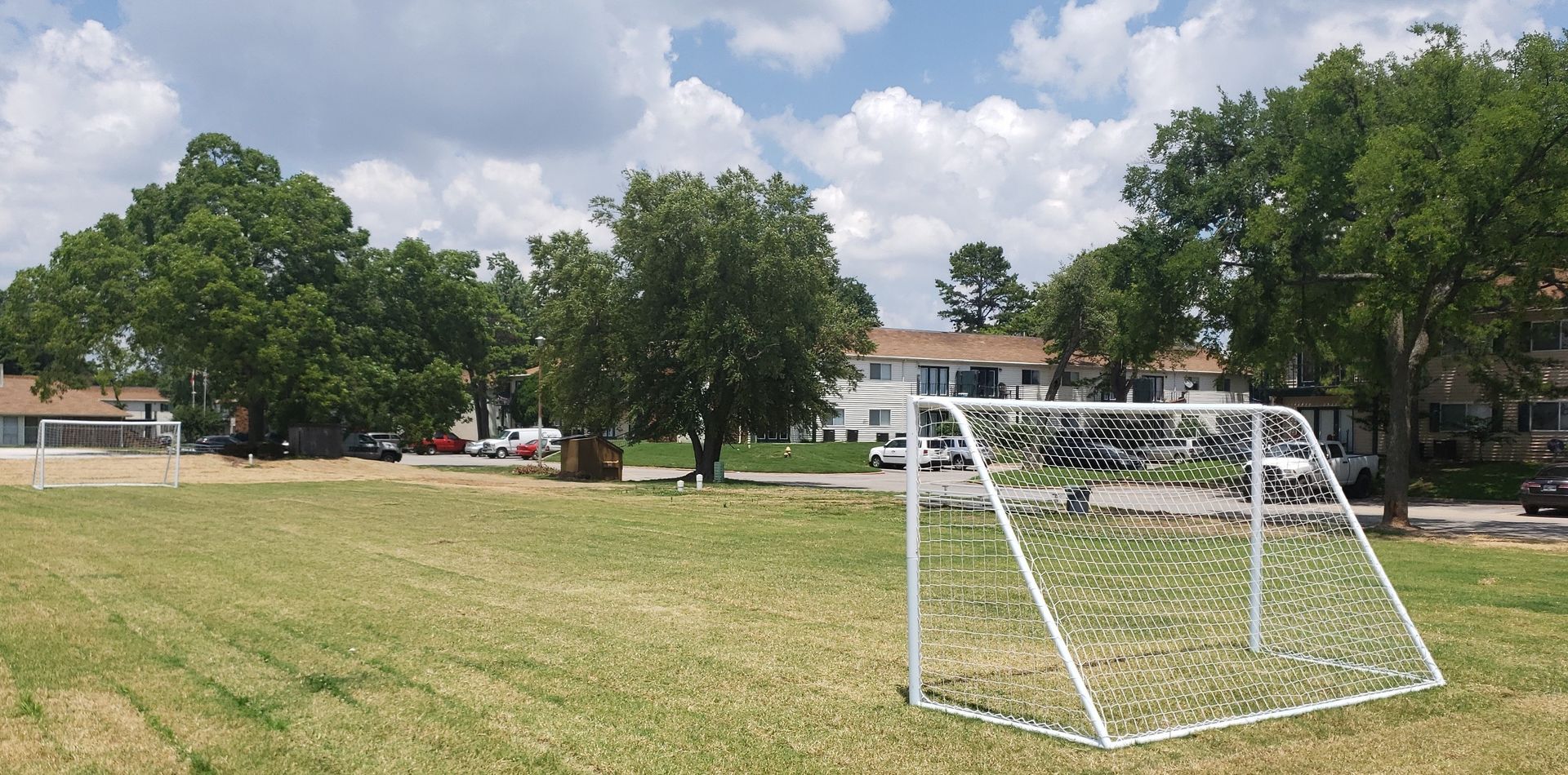 Soccer goal on a grassy field with trees and houses in the background under a cloudy sky