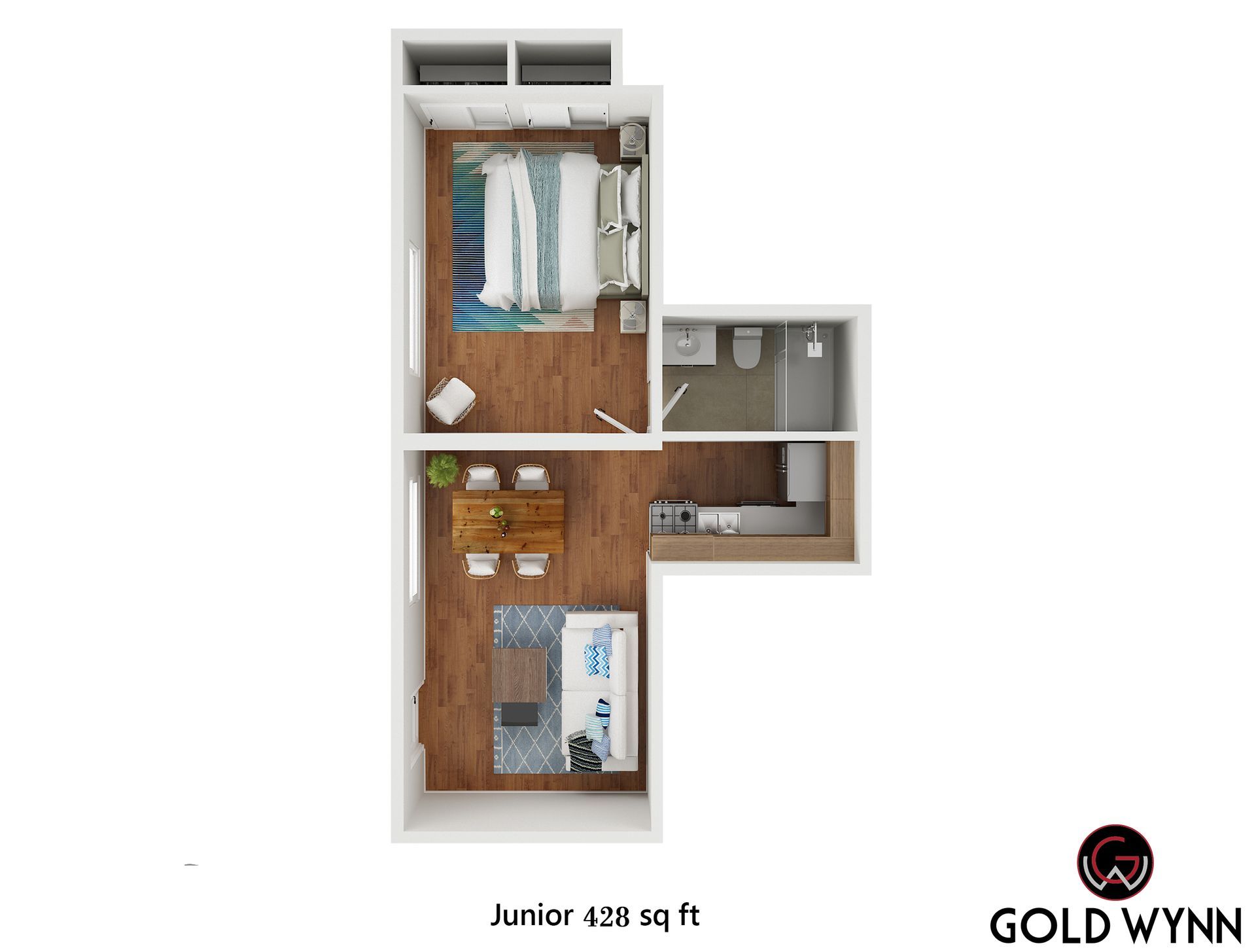 Floor plan of a Junior 428 sq ft suite with bedroom, living area, bath, and kitchenette; Gold Wynn logo.