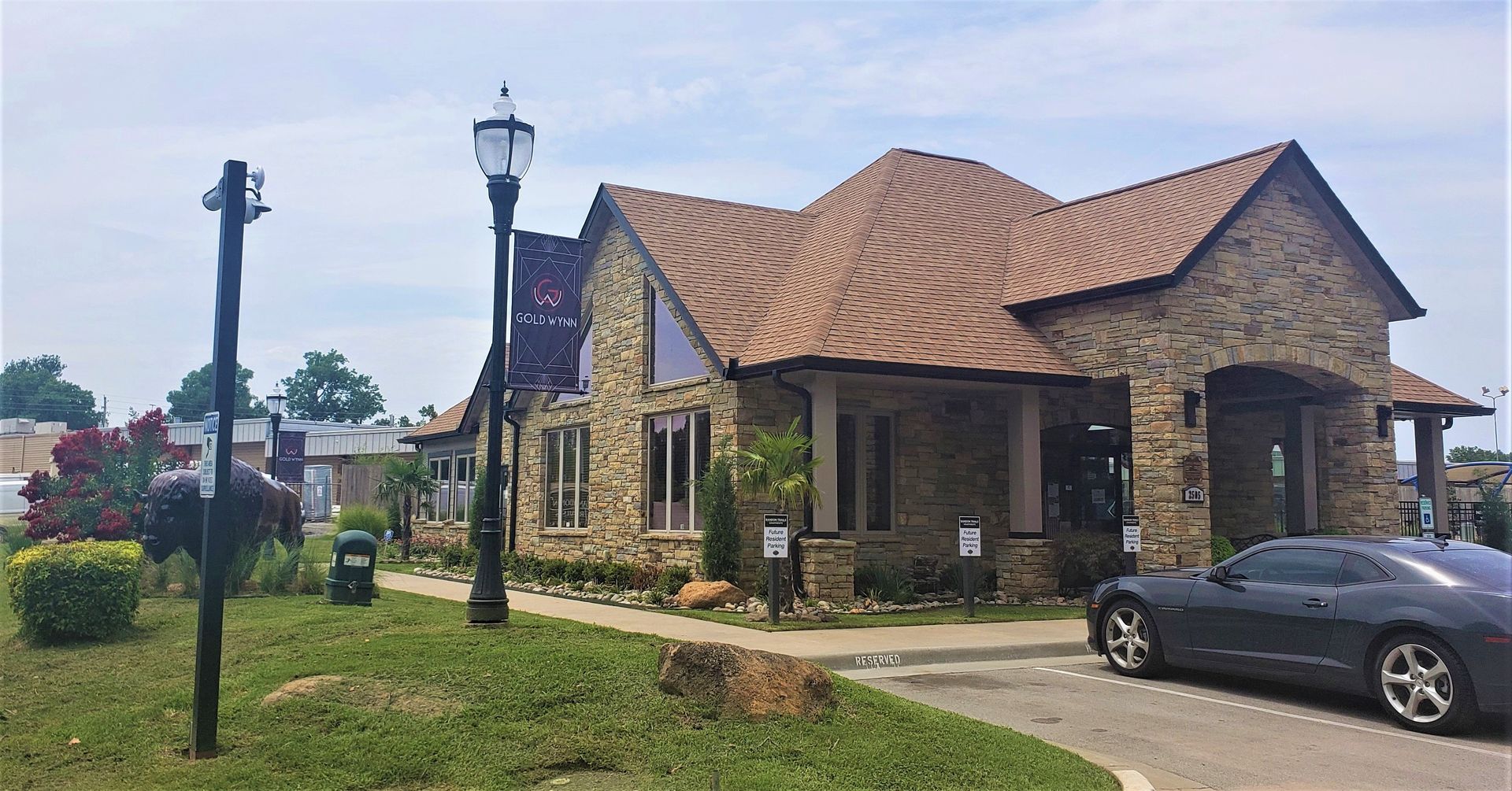 Stone house with tan roof and black car parked outside on a landscaped driveway