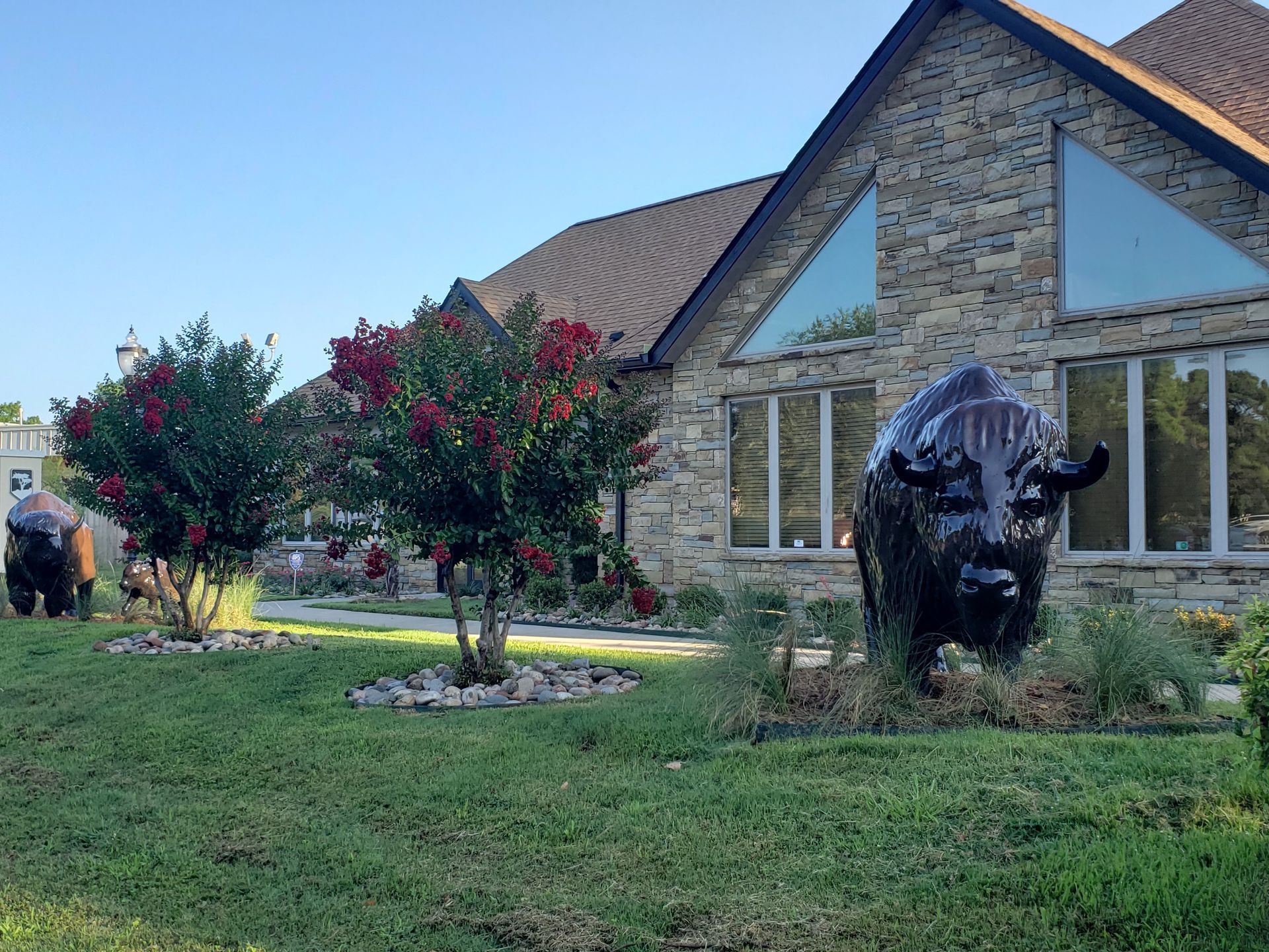 Stone house with a front lawn, flowering shrubs, and a large buffalo sculpture near the walkway.