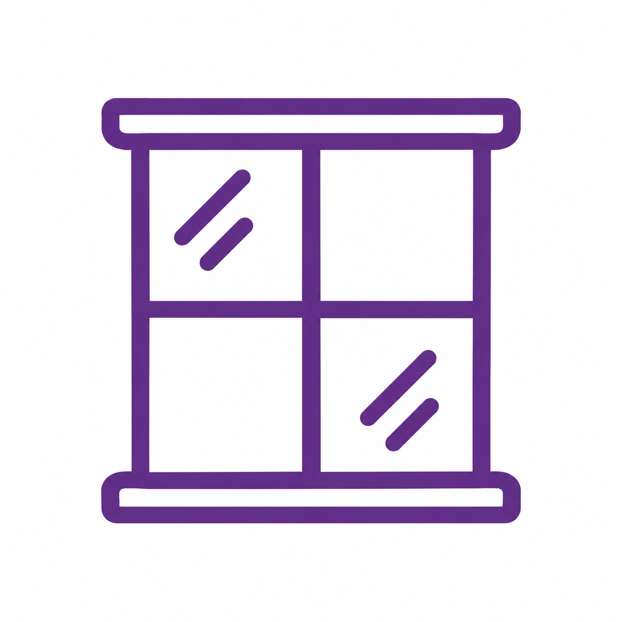 Purple line icon of a window with four panes and two diagonal reflections