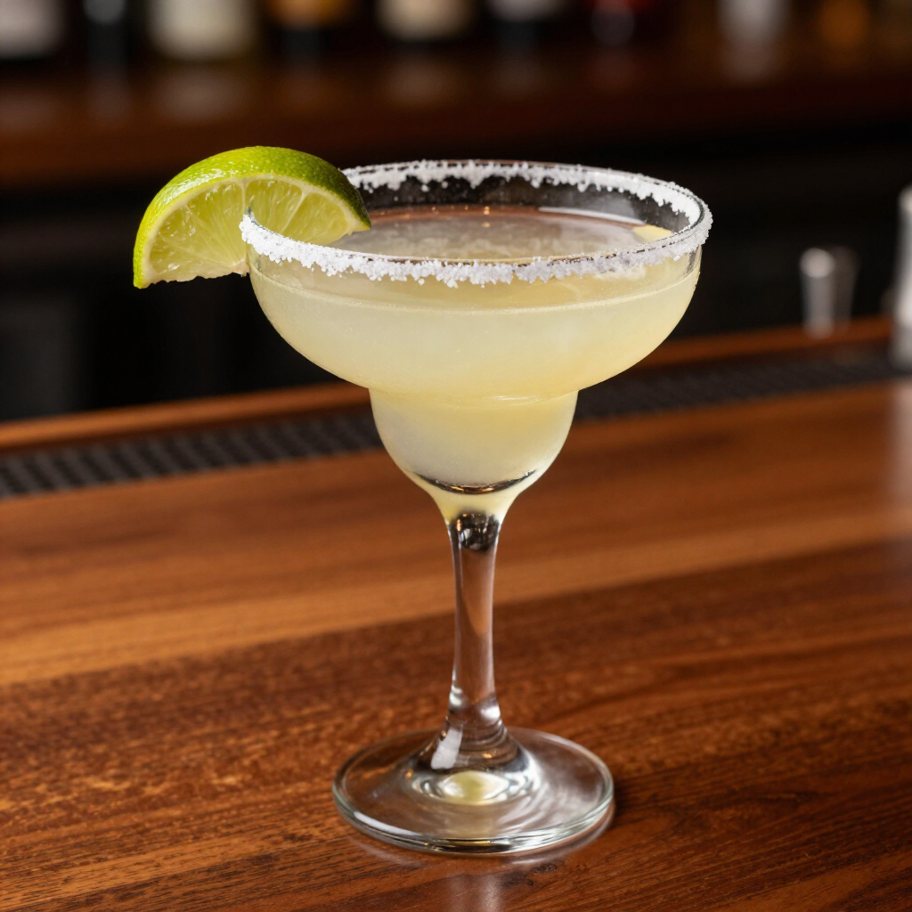 Margarita with a lime wedge on a bar counter