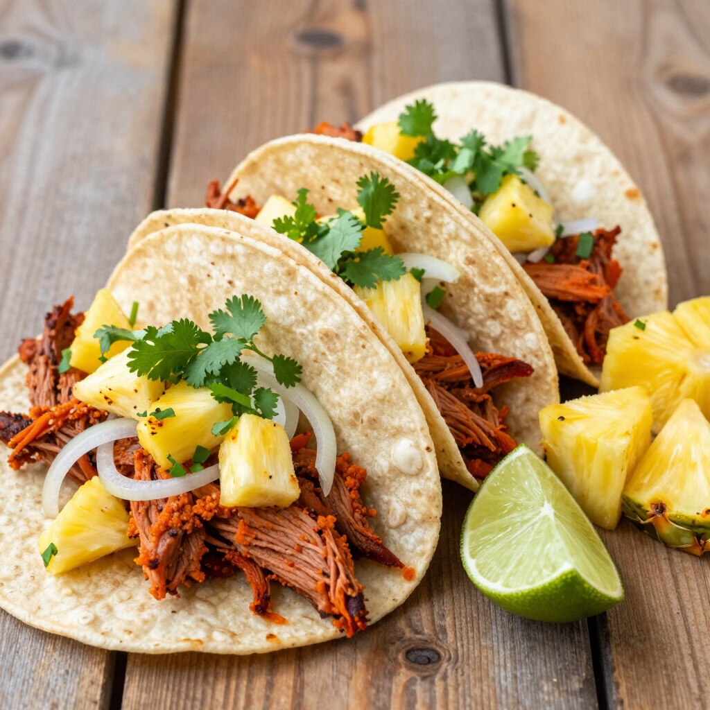 Three shredded beef tacos with pineapple, cilantro, and lime on a wooden table