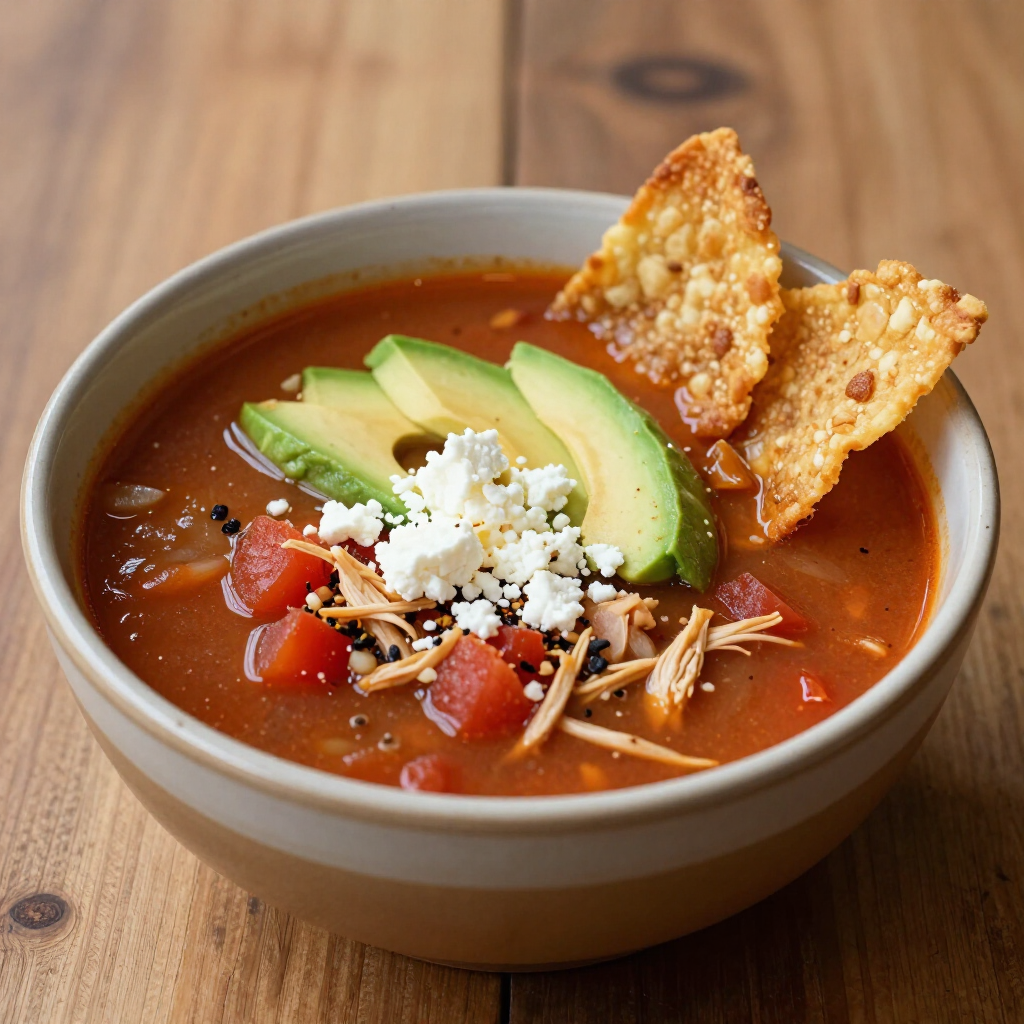 Bowl of red tortilla soup topped with avocado, cheese, and crispy tortilla chips on a wooden table