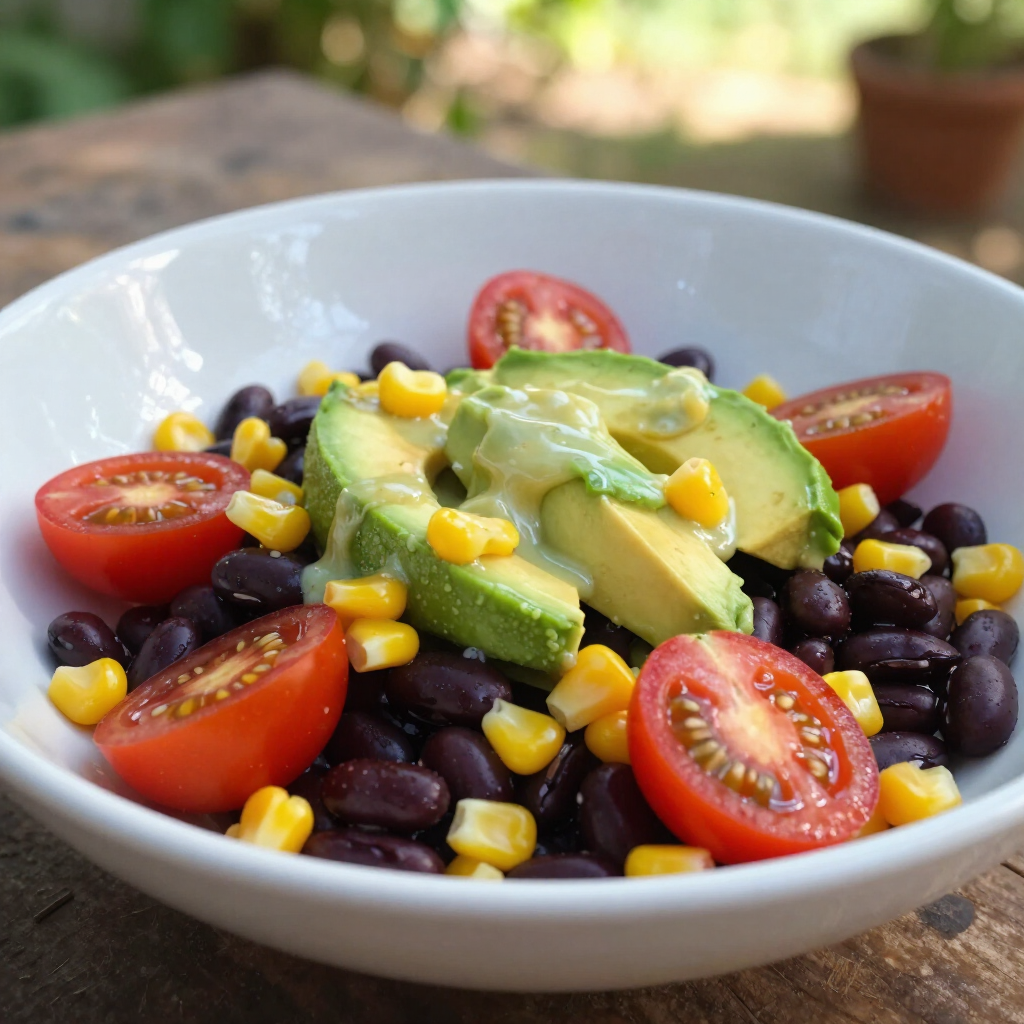Bowl of black bean, corn, tomato, and avocado salad on a wooden table