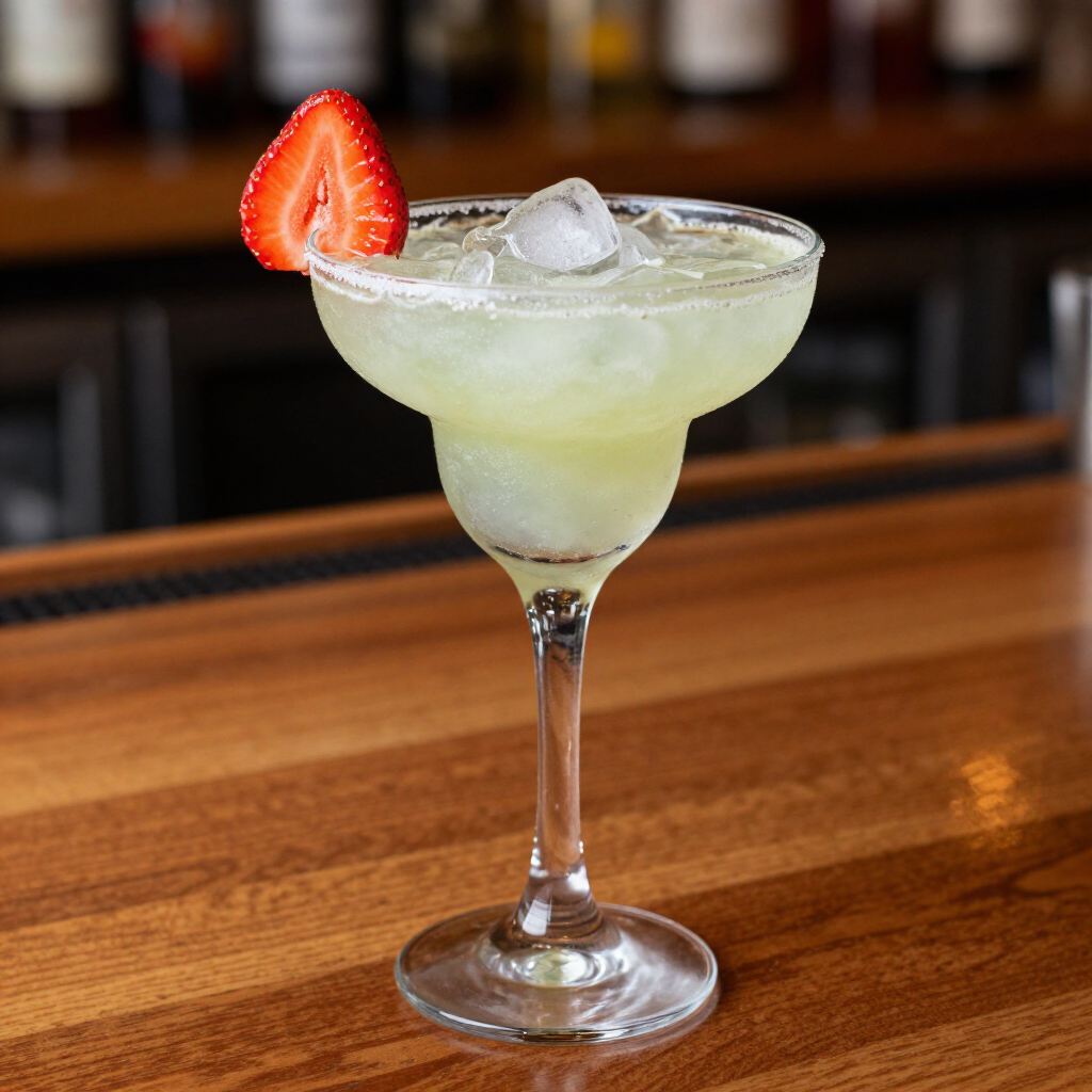 Margarita in a stemmed glass with ice and a strawberry slice on a wooden bar counter