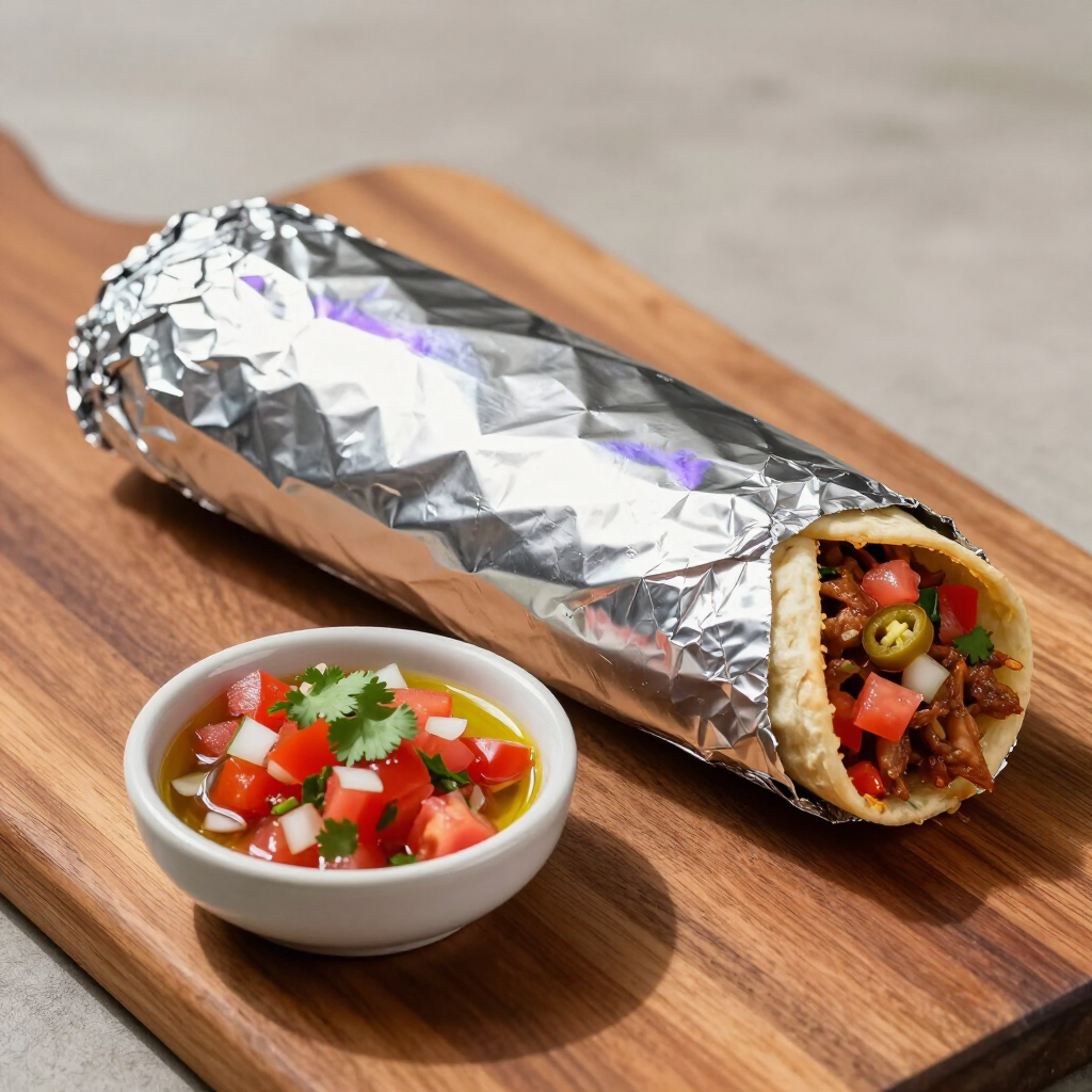 Foil-wrapped burrito on a wooden board with a small bowl of salsa and cilantro garnish
