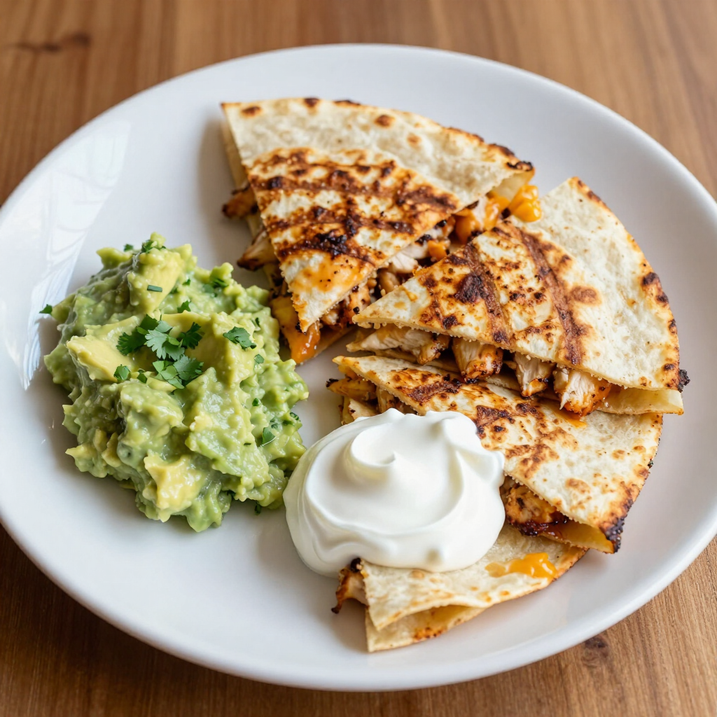 Plate of quesadilla wedges with guacamole and sour cream on a white dish