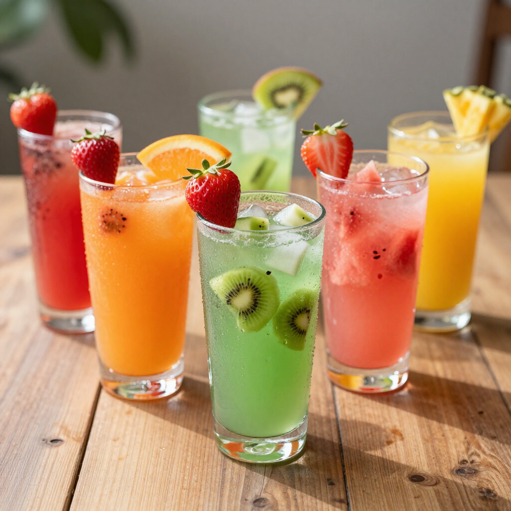 Assorted colorful fruit drinks with strawberries and kiwi on a wooden table