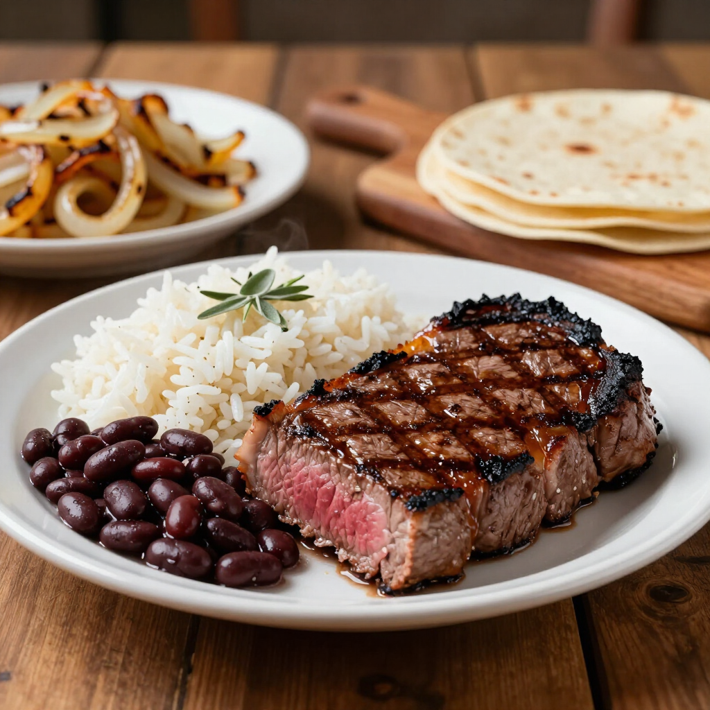 Grilled steak with rice and black beans on a white plate, with tortillas and onions in the background.