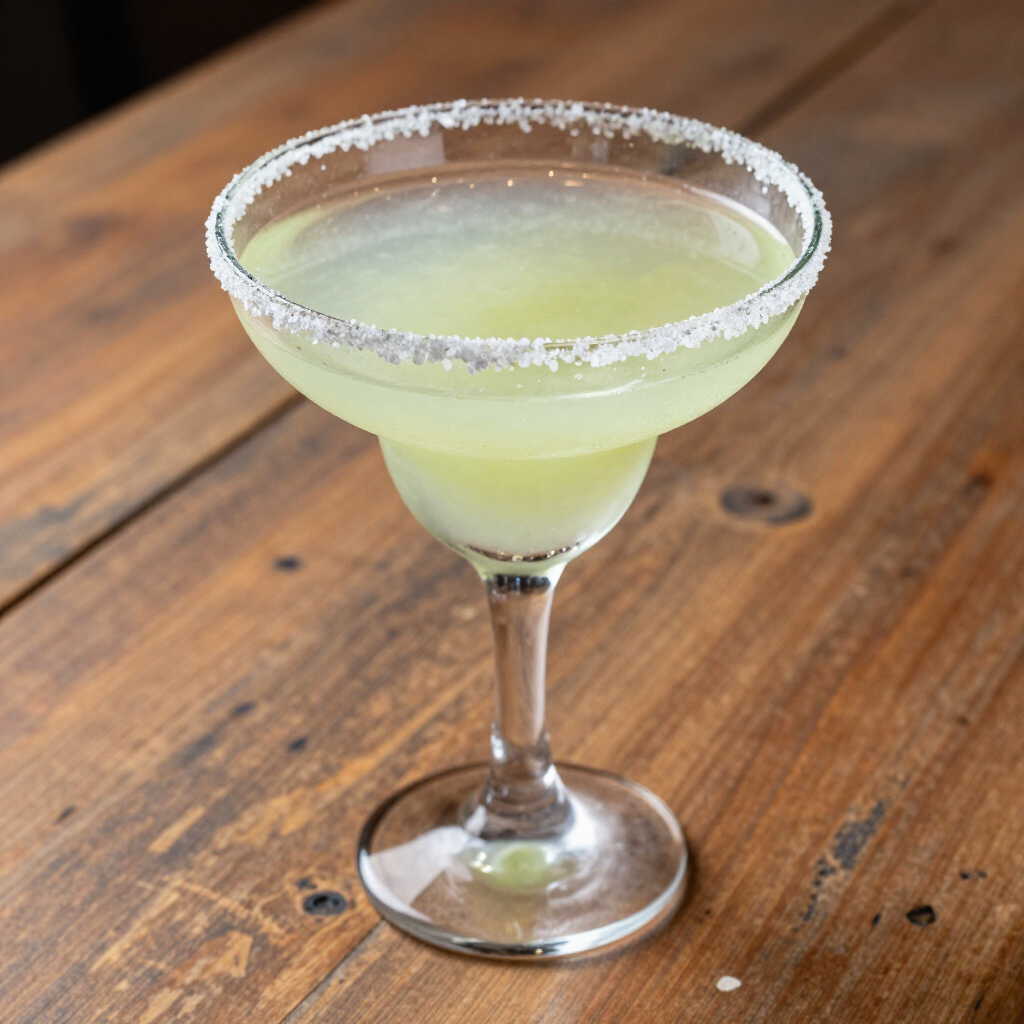 A pale green cocktail in a sugar-rimmed martini glass on a wooden table.