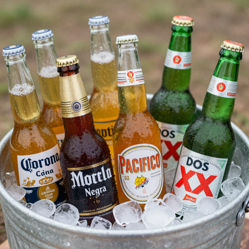 Assorted Mexican beer bottles in a metal bucket filled with ice outdoors