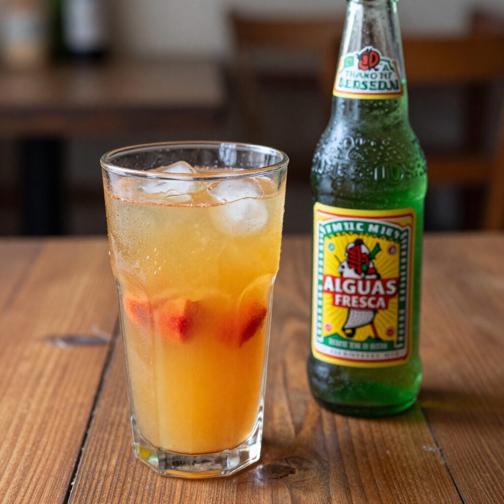 Glass of orange drink with ice beside a green Aguas Frescas bottle on a wooden table