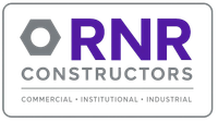 Logo for RNR Constructors: purple "RNR" letters, grey hexagon, and text "Constructors" below, with the words "Commercial, Institutional, Industrial" below the company's name.