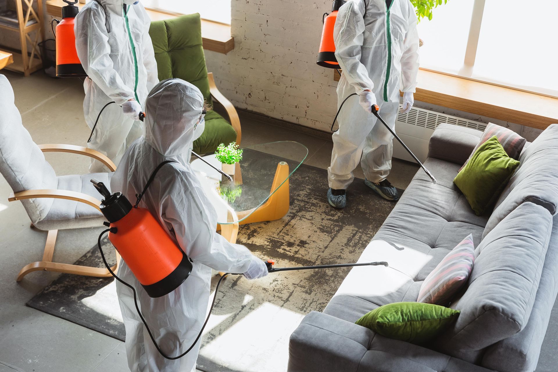 Mold remediation service - technician in protective suit treating mold
