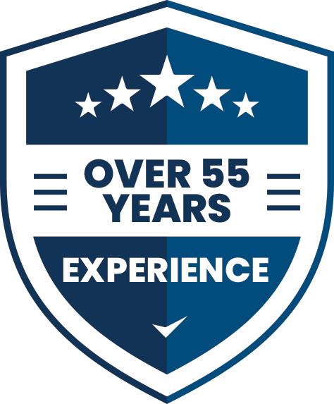 A blue and white shield with the words over 55 years experience written on it.