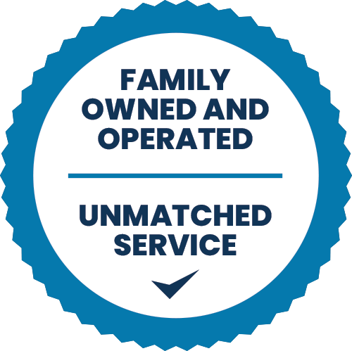 A blue and white badge that says `` family owned and operated unmatched service ''.