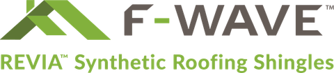 A logo for f-wave revia synthetic roofing shingles