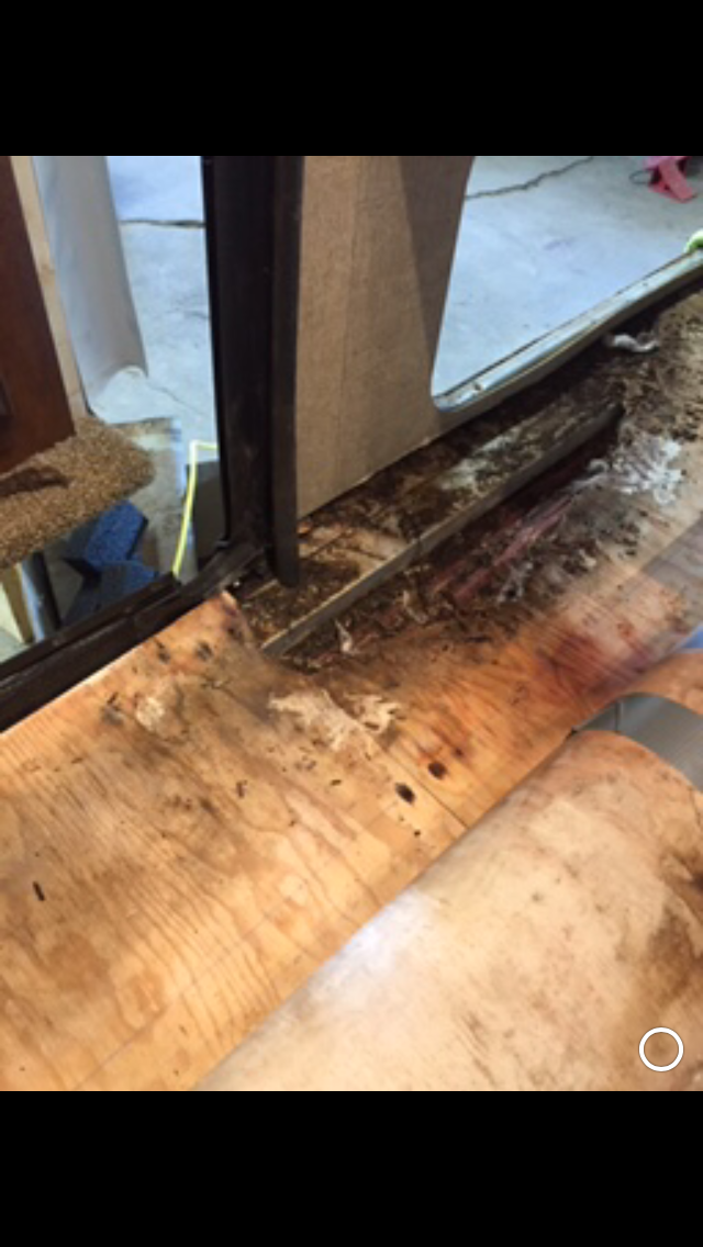 Close-up of a damaged wooden surface near a window frame, showing debris and potential water damage.
