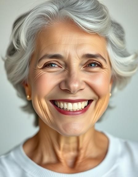 Smiling elderly woman with gray hair and fair skin.