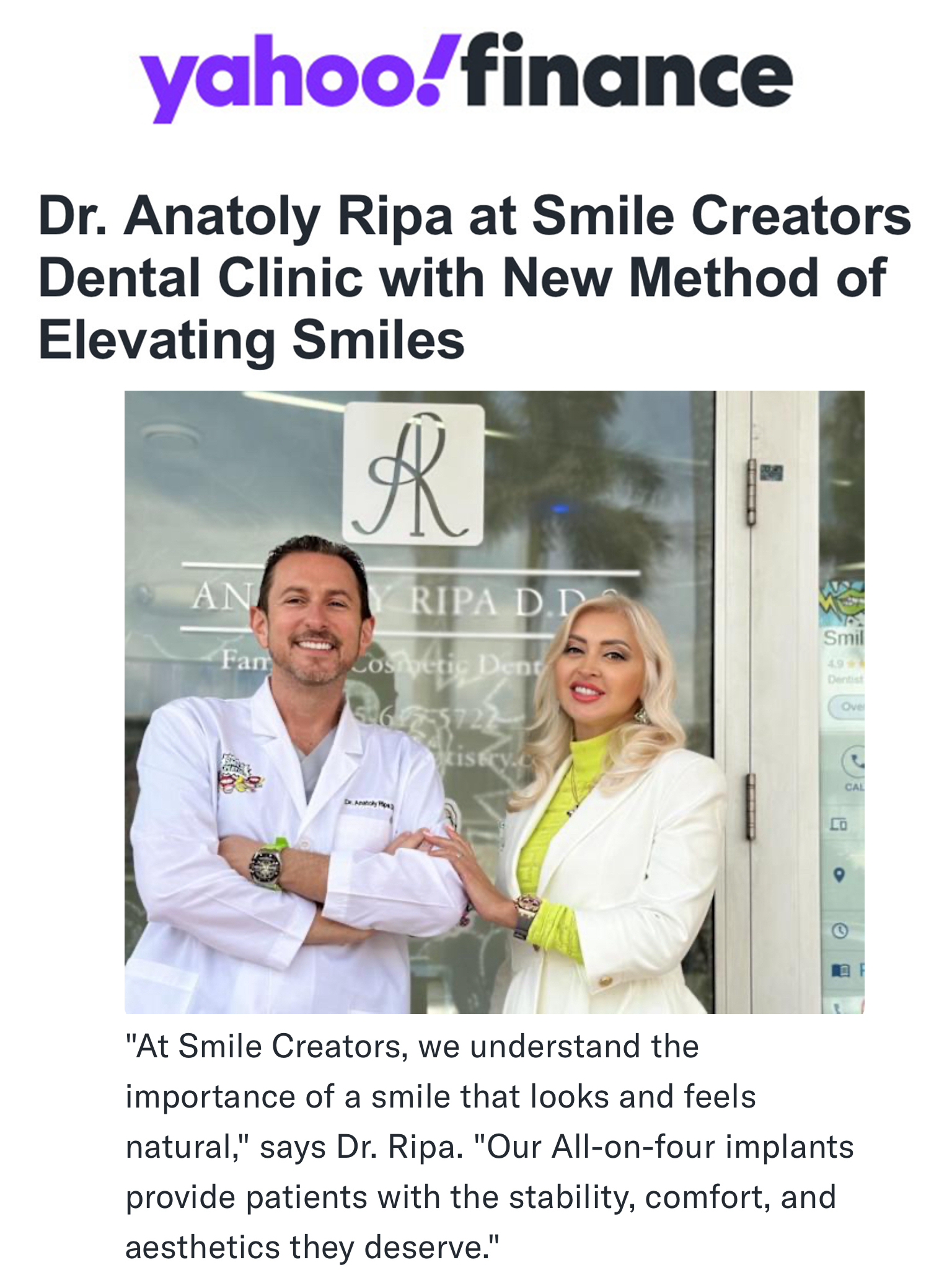 Yahoo Finance article featuring Dr. Anatoly Ripa and a woman outside Smile Creators Dental Clinic.