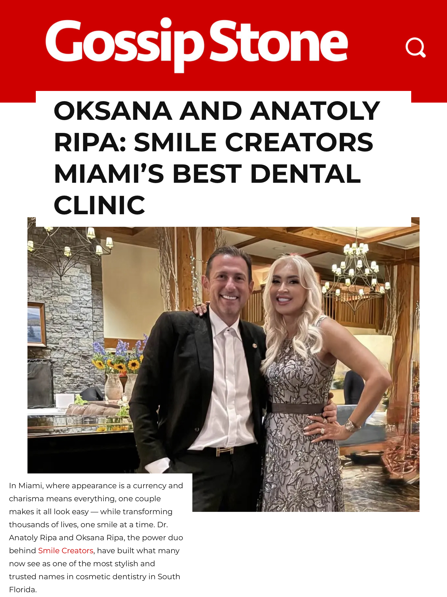 Oksana and Anatoly Ripa, a couple, posing in a dental clinic setting. Gossip Stone headline.