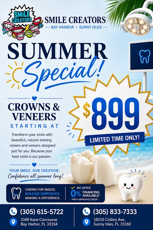 Smile Creators summer special ad for crowns and veneers, starting at $899, with smiling teeth graphic.