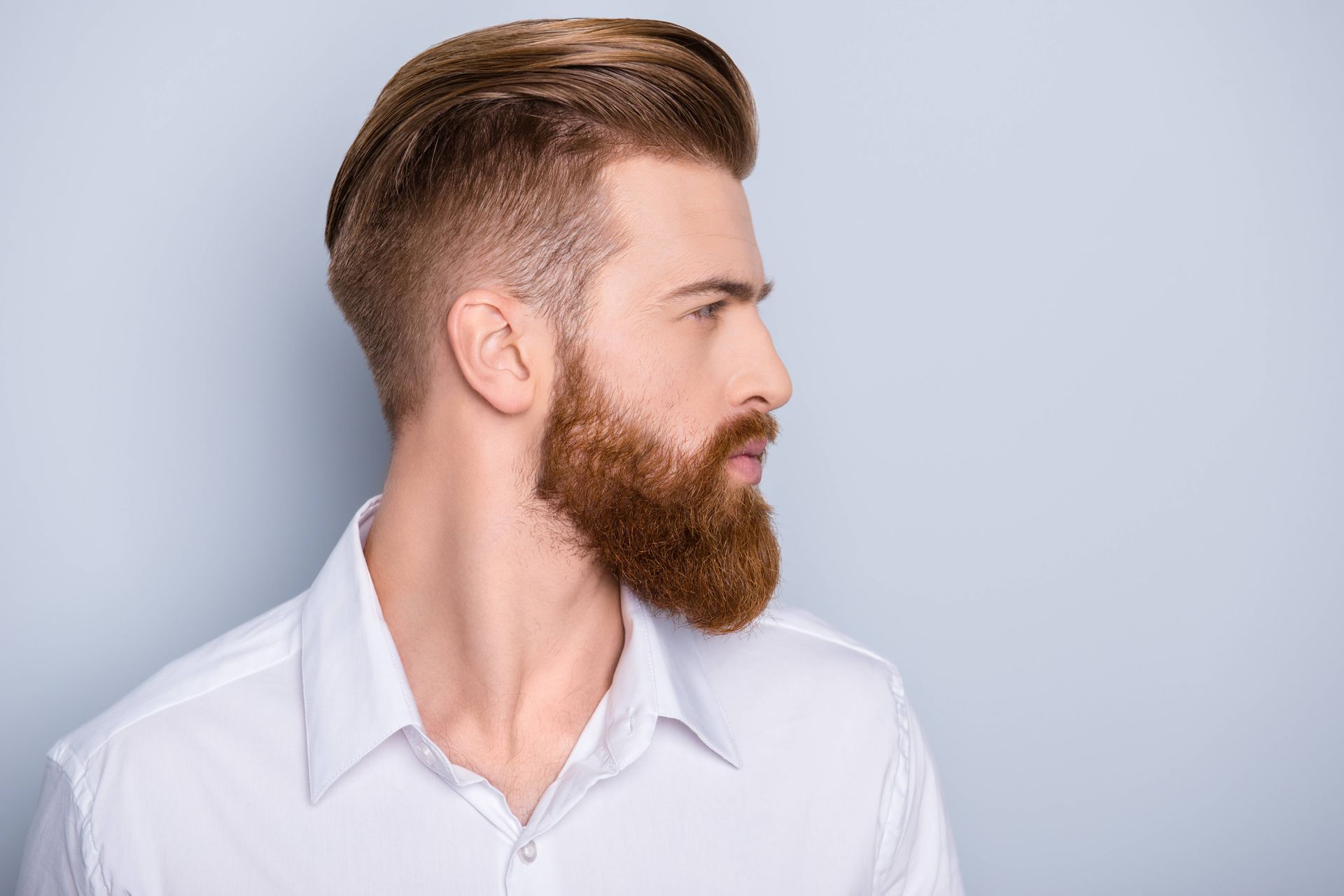 Side profile of a bearded man with a classy hairstyle at Lux Hair Bar in Lexington, Kentucky