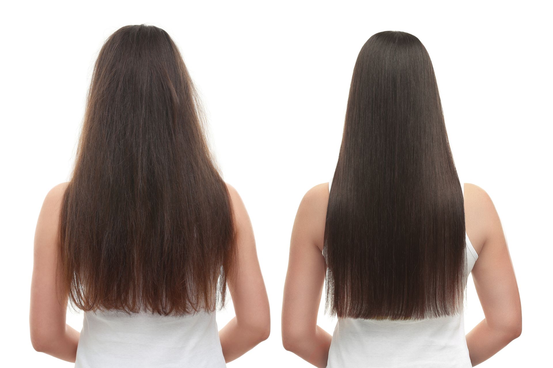 Woman with long brunette hair before and after professional hair gloss treatment.