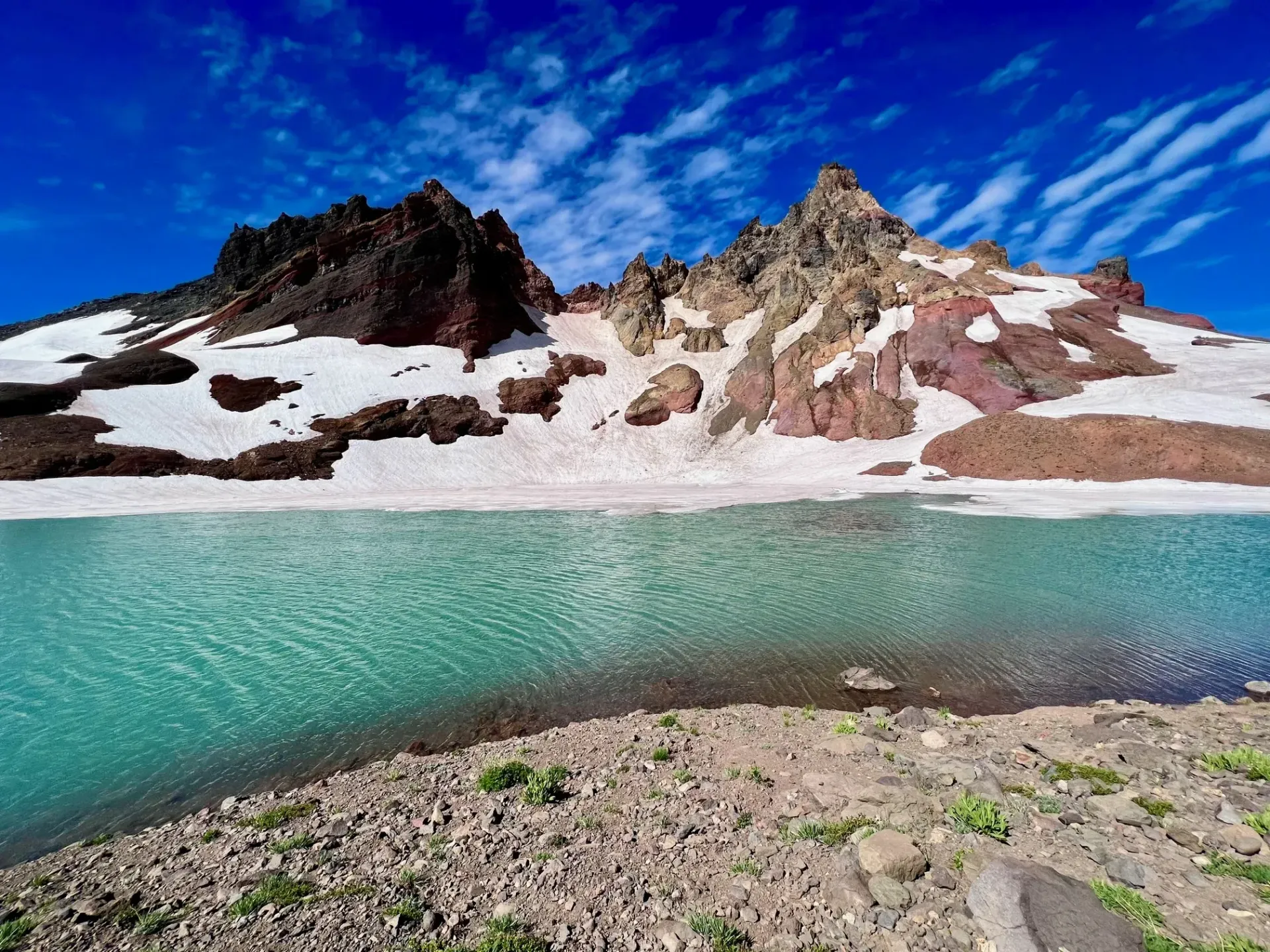 Mountain lake with snow covered mountains